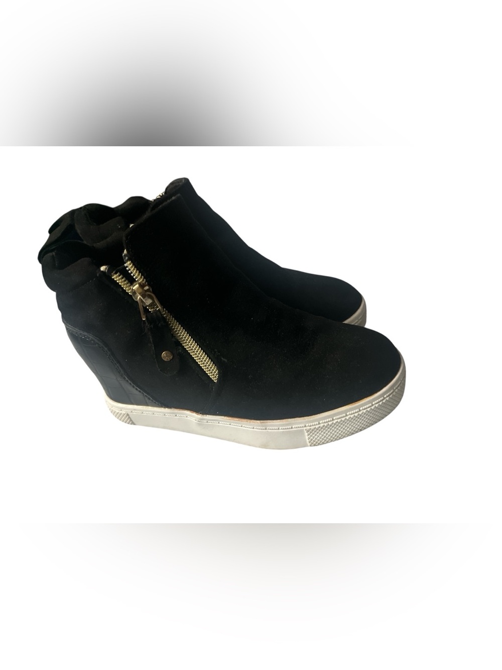 Steve Madden Black Suede Wedge Sneakers with Gold Zipper